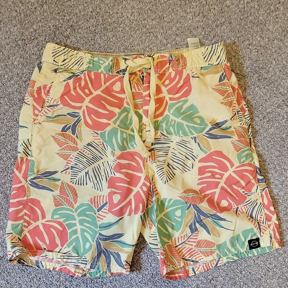 Weatherproof Vintage Men's Swim Shorts M Yellow Floral Drawstring Back Pocket